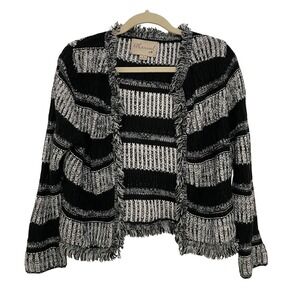 eThereal Fringed Knit Open Cardigan Sweater‎ Womens S Black & White Striped